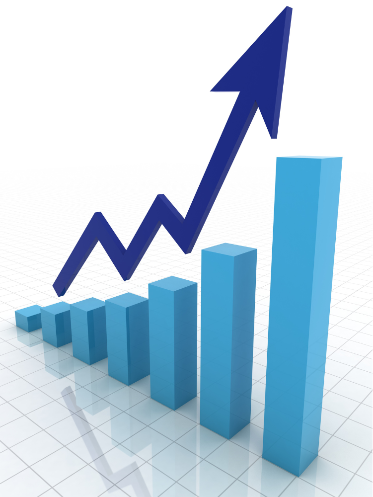 Blue 3D bar chart with an upward arrow representing steady business growth